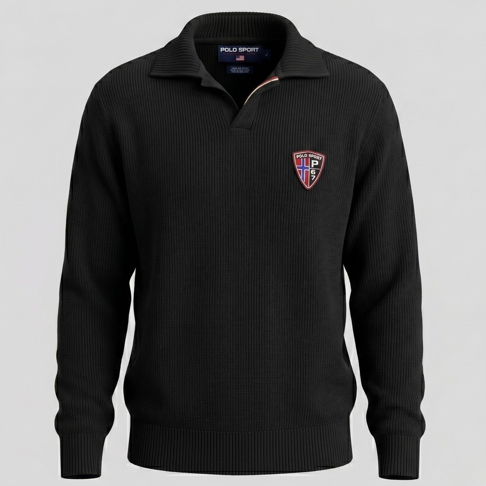 Polo Sport Mens Large Black Sweater Ralph Lauren P-67 Shield Patch Ribbed Cotton